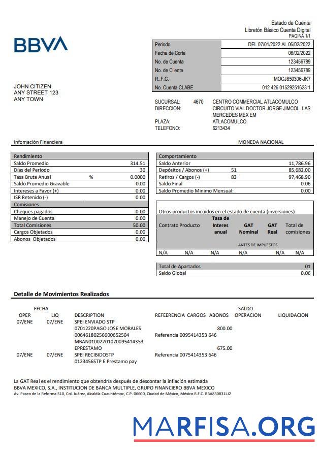 Realistic Mexico BBVA bank statement word real example